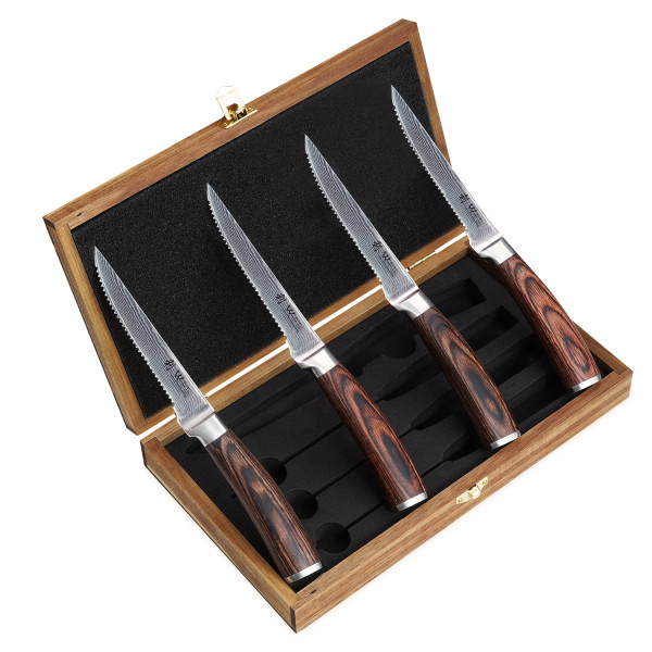 Set of 4 Damascus steak knives | 12.50cm blades made from 67 layers of Damascus steel | wooden box | pakkawood handle