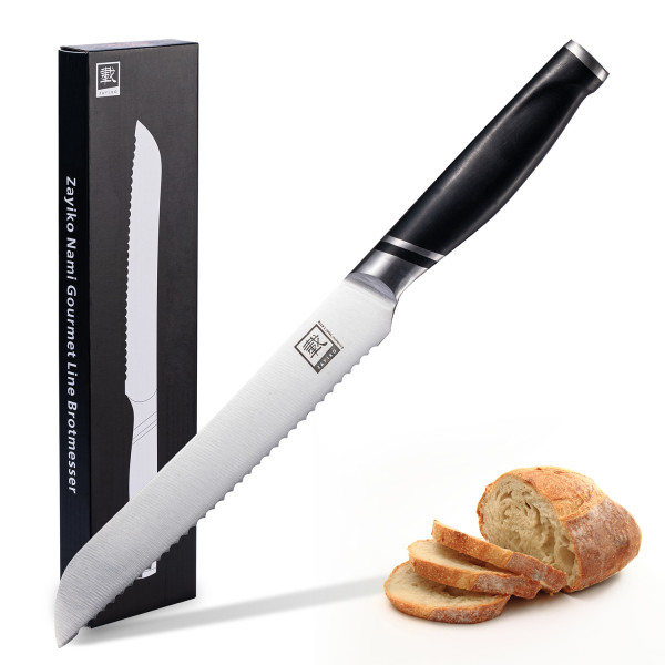 Zayiko NAMI series bread knife - 20.50 cm blade made of German steel, Professional and sharp kitchen knife, Ergonomic ABS handle, Elegant gift box included - Ideal for bread and baked goods