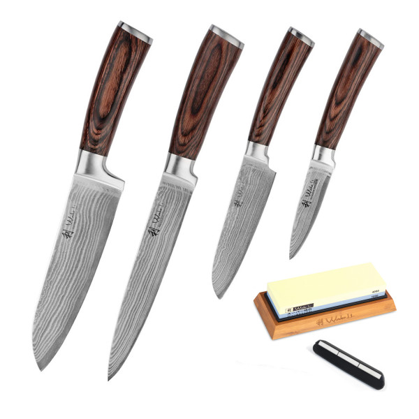 Damascus knife set of 4 I 8 - 18cm blades made from 67 layers I whetstone & accessories