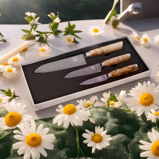 Zayiko set of 3 damask knives blade lengths from 8 cm to 17 cm VG-10 with birch root wood handles in noble gift box