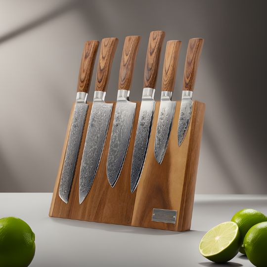  Wakoli Edib Pro Set of 6 Damascus Knives with Acacia Wood Magnetic Knife Board 