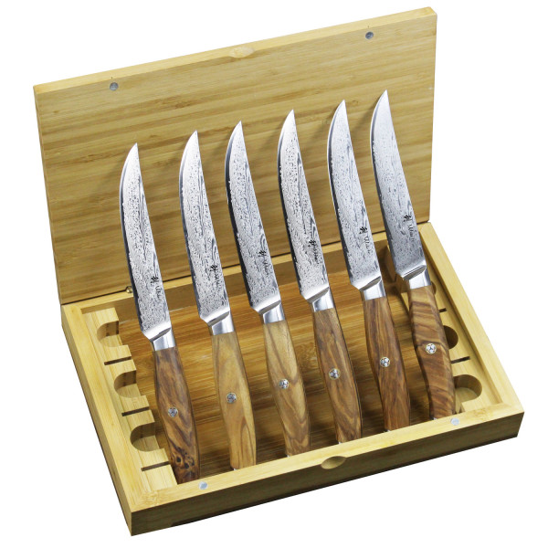 Set of 6 damask steak knives, blade length 12.50 cm - olive wood handles