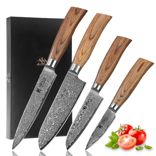 Set of 4 damask knives in wooden box I 8-17 cm blades made of 67 layers of damask steel I pakka wood handle