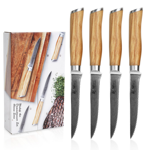 Set of 4 Damascus steak knives I 12.50cm blade made from 67 layers of Damascus steel I olive wood handle