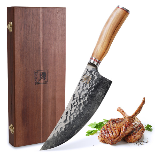 Chef's knife I 20.5 cm blade of 67 layers damask steel I olive wood handle I wooden box