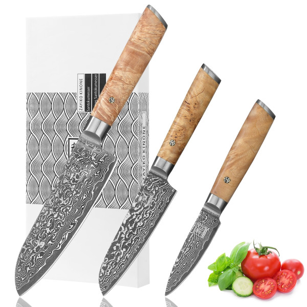 Set of 3 damask knives I 8-17 cm blade of 67 layers damask steel I birch root wood handles