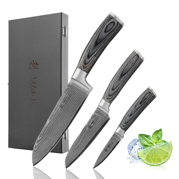 Set of 3 damask knives in wooden box I 8-17 cm blades made of 67 layers of damask steel I pakka wood handle