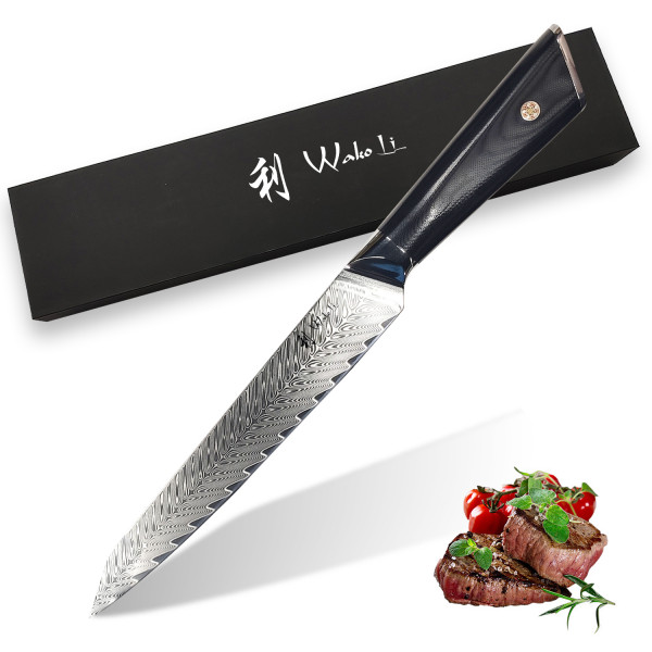 Wakoli damask knife meat knife 20 cm blade extremely sharp from 67 layers I damask kitchen knife and professional chef's knife made of genuine damask steel with G10 handle series FEZA