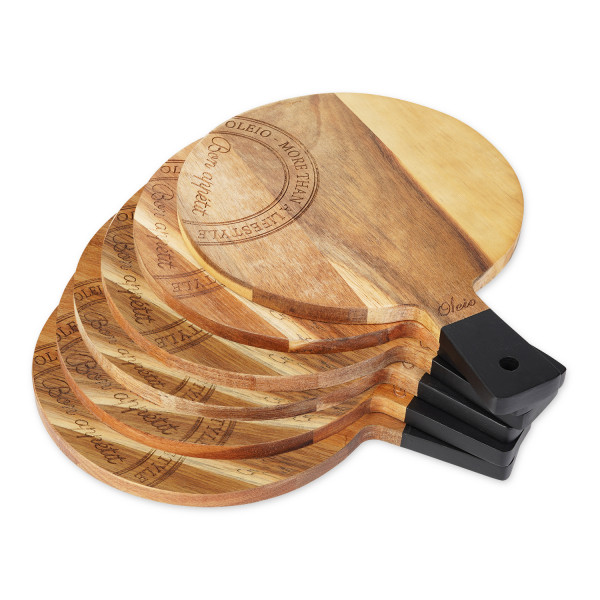 Oleio high quality set of 6 cutting boards 20.00 cm diameter solid acacia wood breakfast boards with engraving