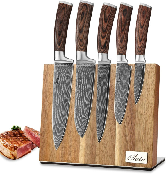 Set of 5 Damascus knives in wooden box | 8 - 20 cm blade made from 67 layers of Damascus steel | Pakka wood handle | knife block