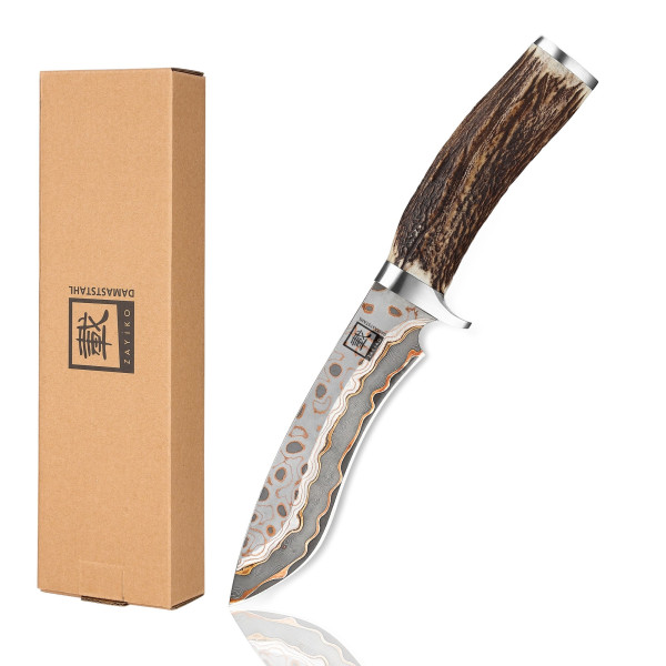 zayiko WildForge hunting knife with 15 cm blade made of 67 layers of copper-bronze Damascus steel and fine staghorn handle I Handmade outdoor knife with leather sheath I Premium hunting and kitchen knife