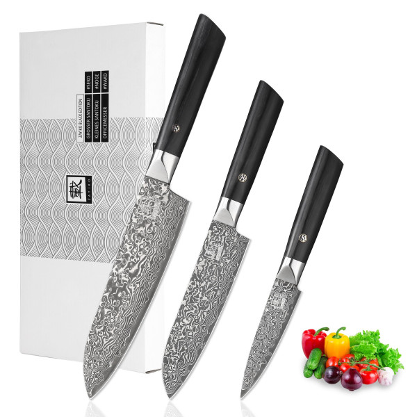 Set of 3 knives I 9-18 cm blades made of 67 layers of dark damascus steel I pakka wood handle