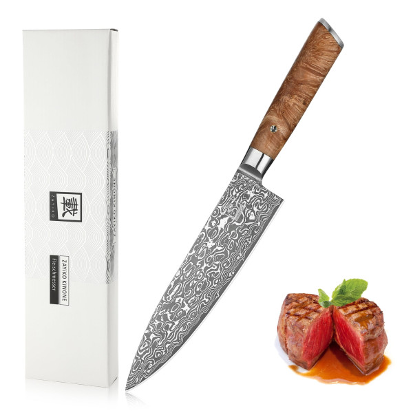 Chef's knife I 20 cm blade of 67 layers Damascus steel I birch root wood handle