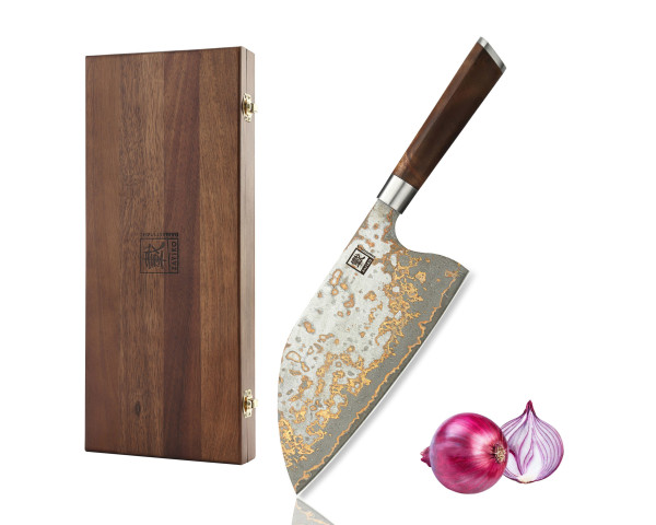 MysticMagma chef's knife Chai Dao I 20.5 cm blade made of 67 layers of Damascus steel with copper and bronze inlay I DualCurve handle made of maple root wood I Wooden box