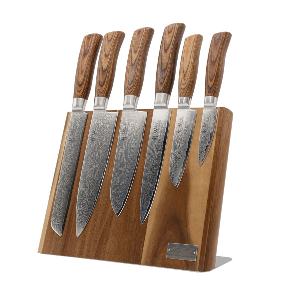 Set of 6 damask knives in wooden box with knife block I 8-20 cm blades made of 67 layers of damask steel I pakka wood handle