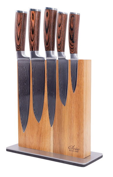 Set of 5 Damascus knives in wooden box | 8 - 20 cm blade made from 67 layers of Damascus steel | Pakka wood handle | knife block