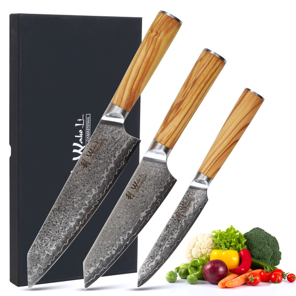 Set of 3 Damascus kitchen knives I 11-20 cm blades made from 67 layers of Damascus steel I olive wood handle