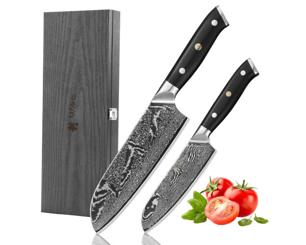 Set of 2 Damascus knives - Professional Santoku kitchen knife - 67 layers of Damascus steel - G10 handle, full tang