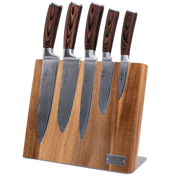 Set of 5 Damascus knives in wooden box | 8 - 20 cm blade made from 67 layers of Damascus steel | Pakka wood handle | knife block