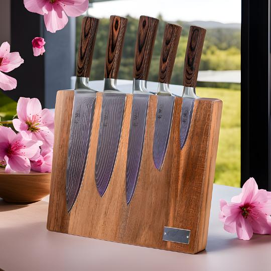 Set of 5 Damascus knives | Chef, Santoku, Meat, Small Santoku and Office knives | Blade lengths from 8.50 to 18.00 cm Incl. magnetic knife board Acacia wood